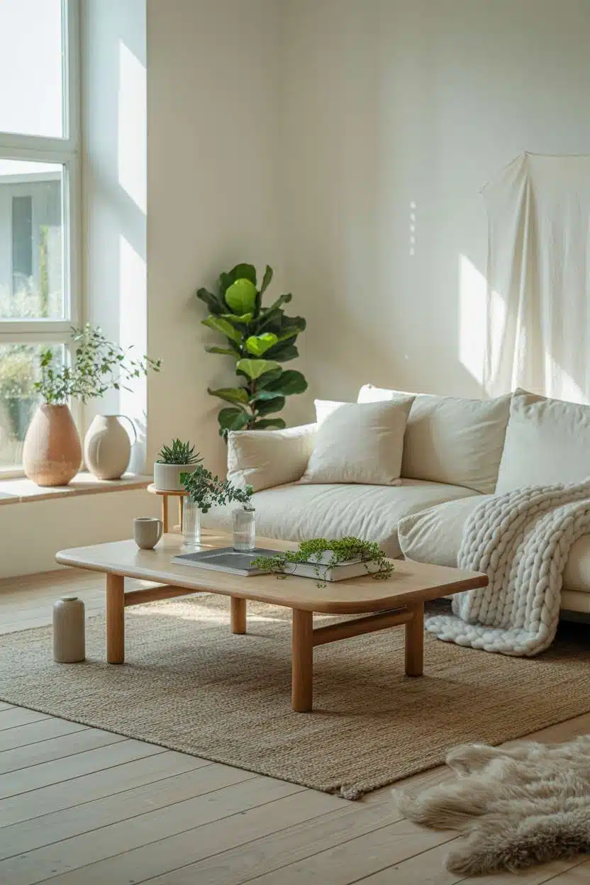 Bright Scandinavian living room with fiddle leaf fig, cream sofa, and birch wood floors