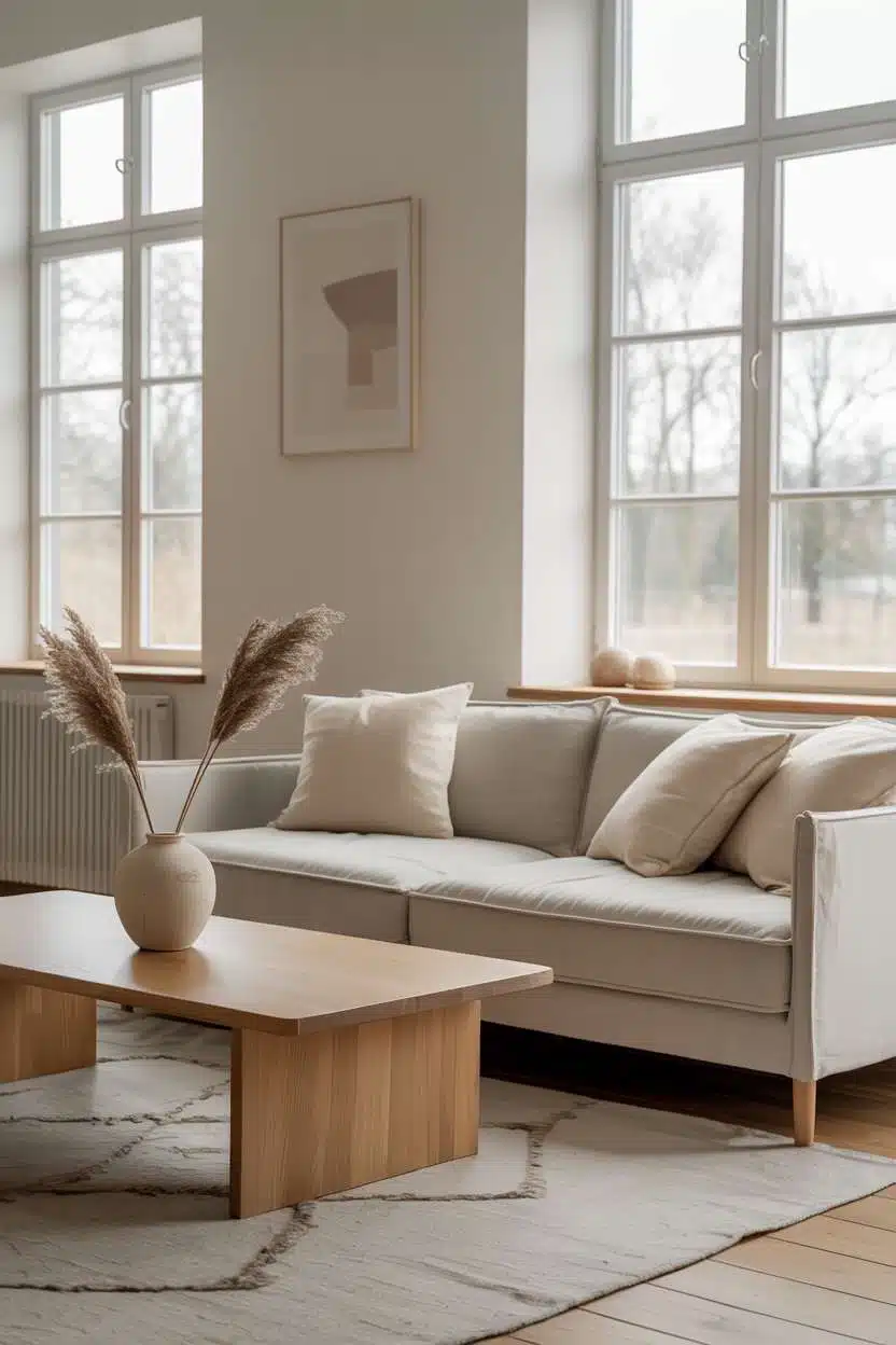 Nordic living room with light gray linen sofa and geometric rug