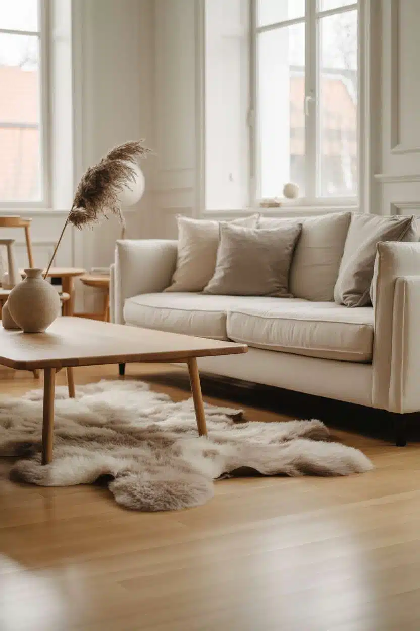 Scandinavian living room with white wood paneling and cream sofa