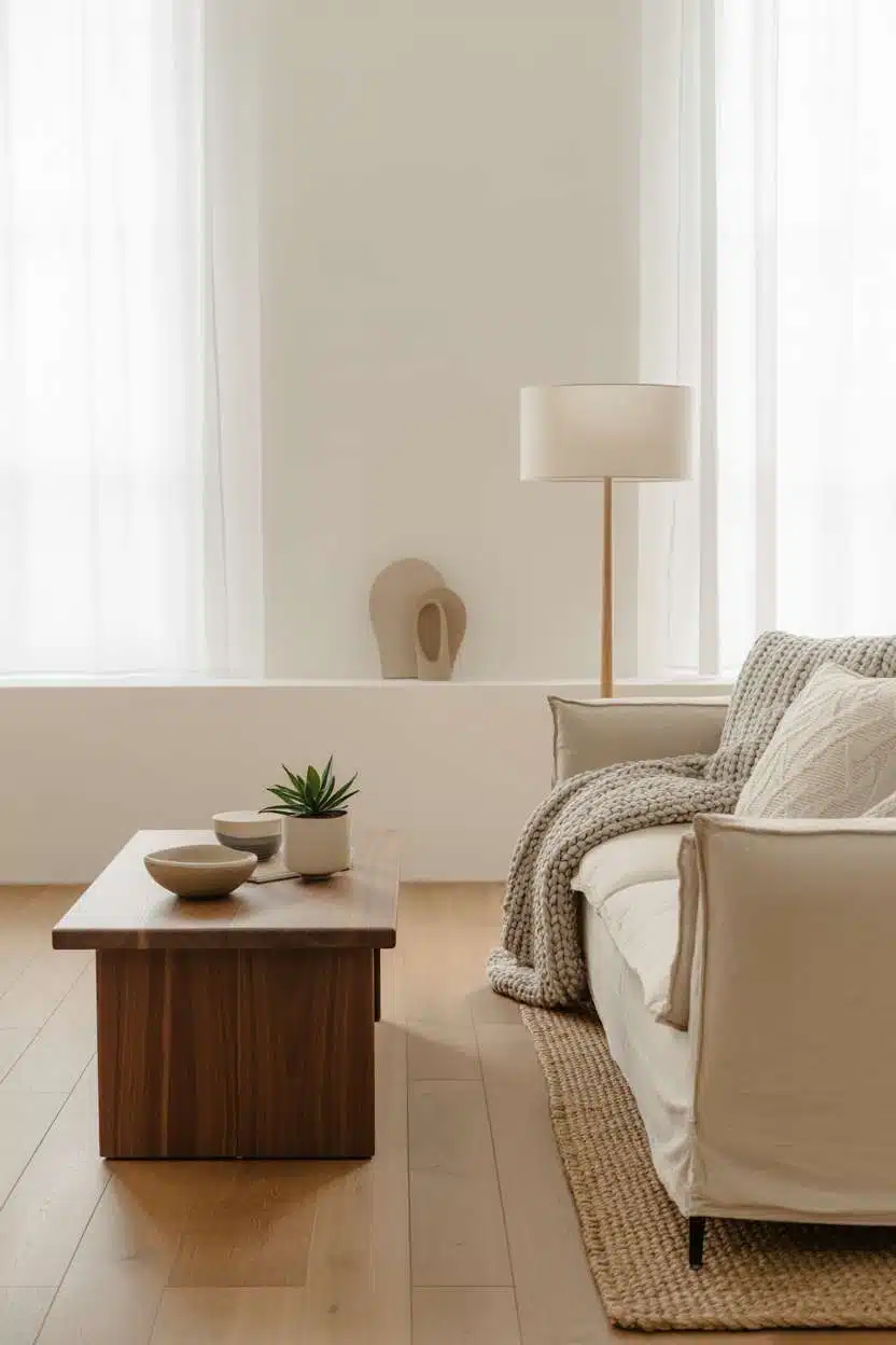 Minimalist living room with walnut coffee table, cream sofa, and natural light