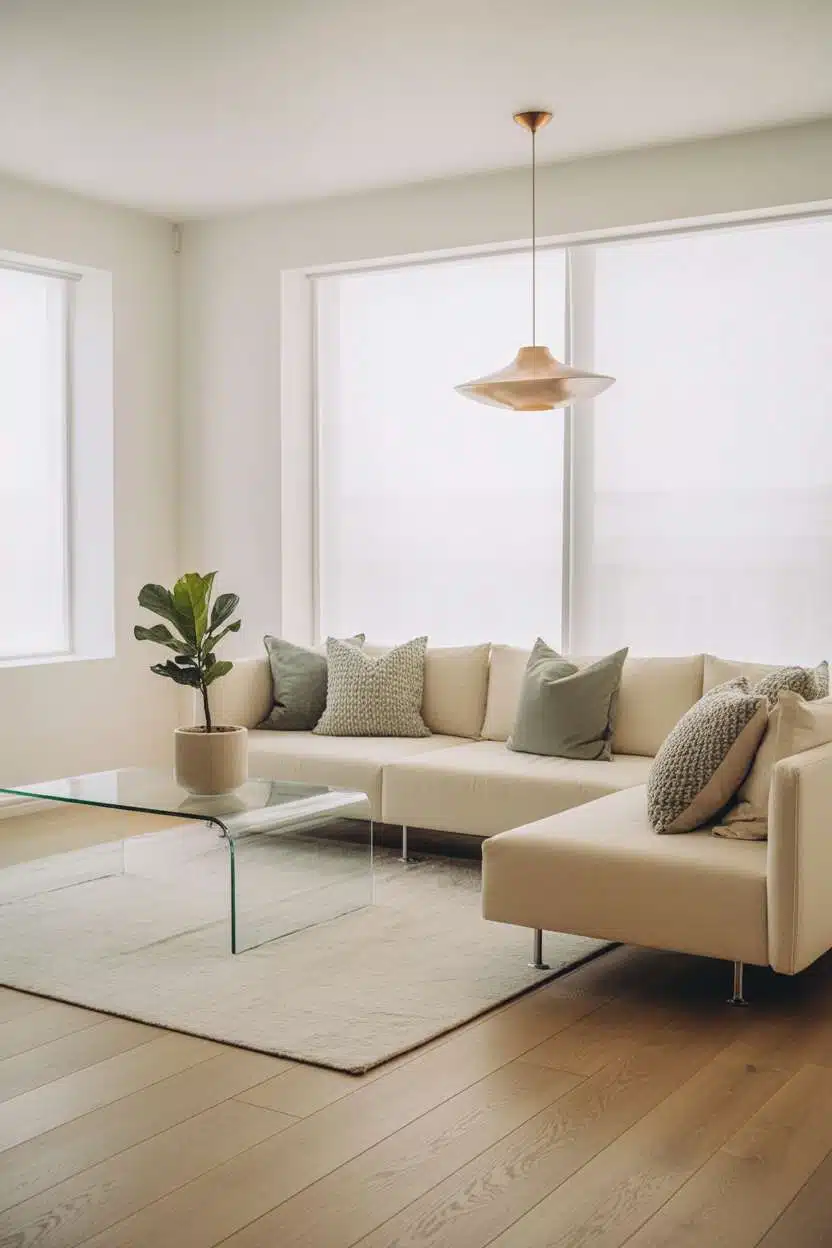 Scandinavian living room with sage green pillows and glass coffee table