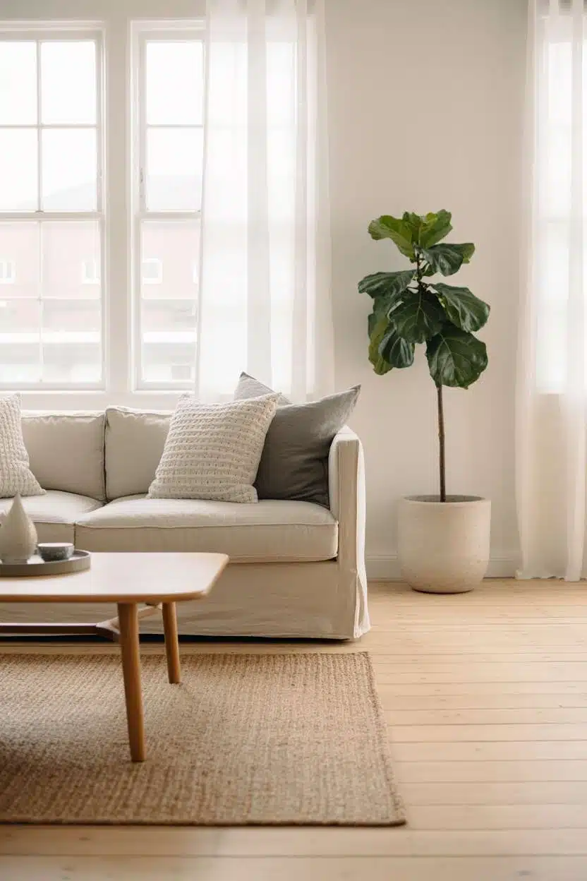 Bright Nordic living room with fiddle leaf fig and jute rug