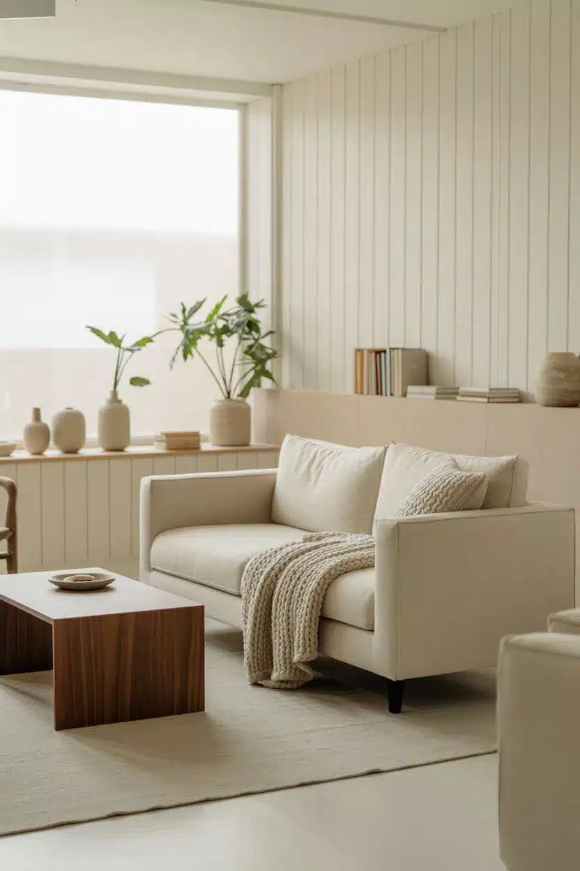 Minimalist Nordic living room with white wood panel walls and walnut coffee table