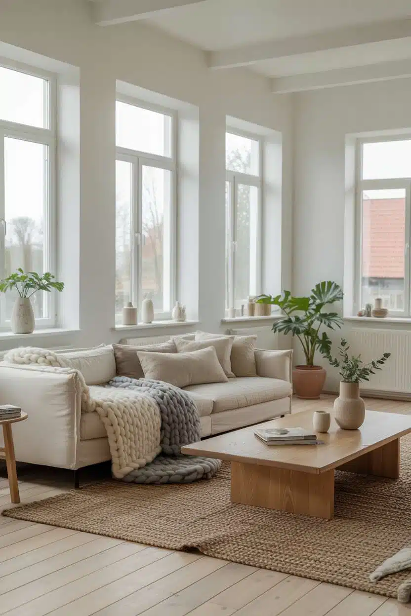Nordic style living room with floor-to-ceiling windows and sheepskin rug