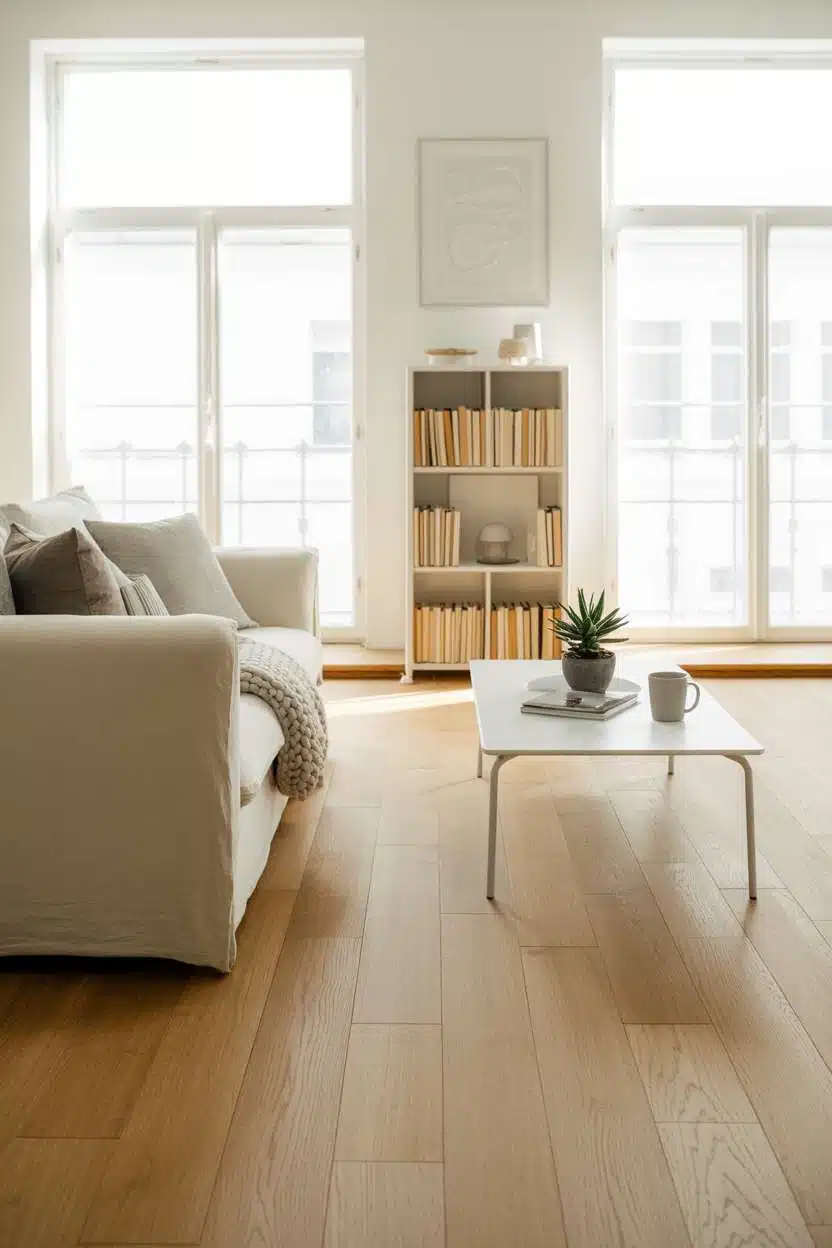 Bright Scandinavian living room with tall bookshelf and cream sofa