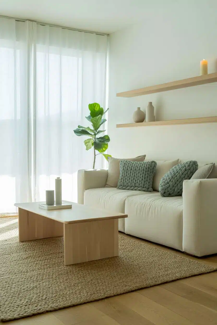 Nordic interior design with fiddle leaf fig and sheer white curtains