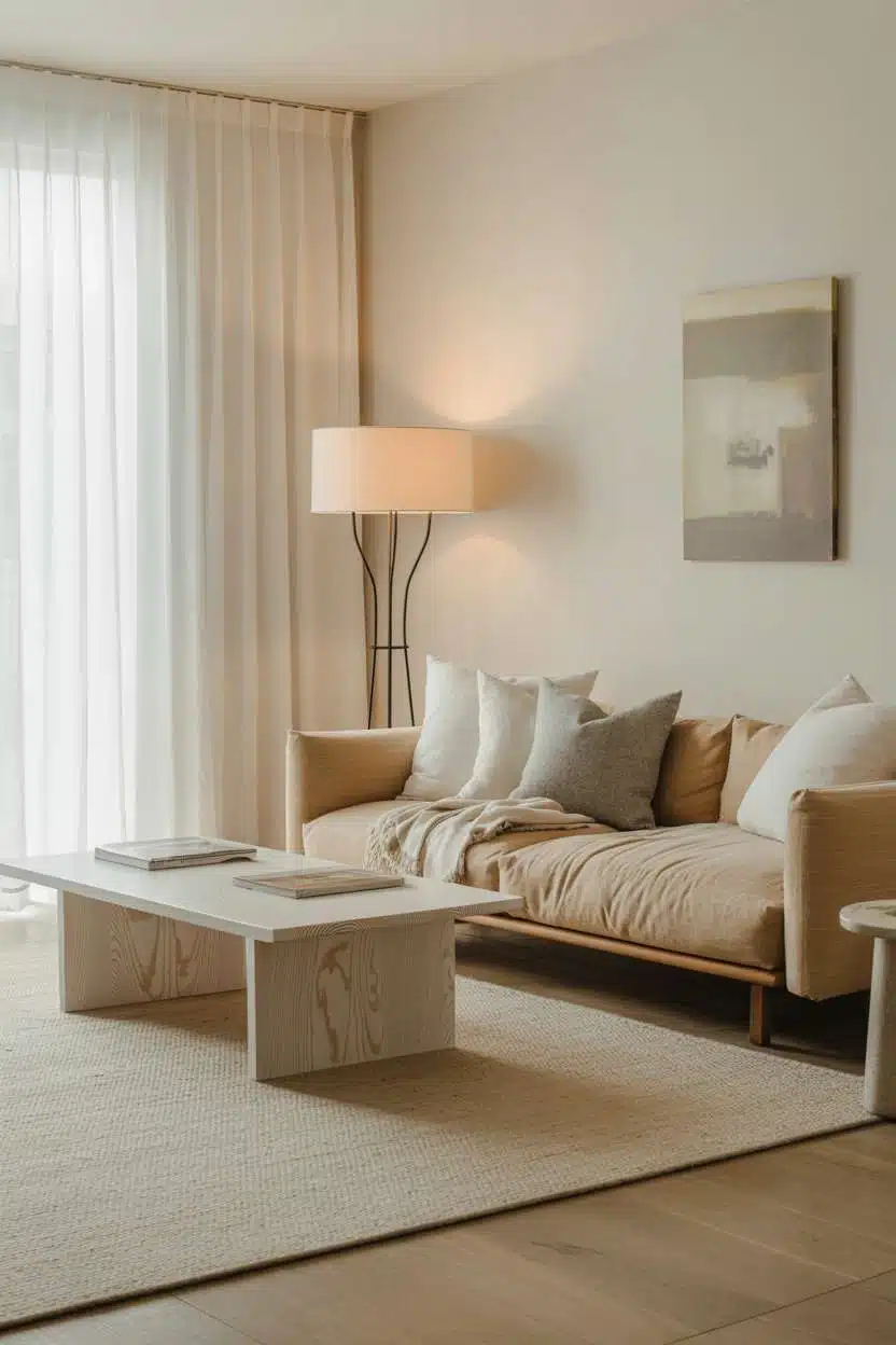 Scandinavian living room with blonde hardwood floors and wool area rug