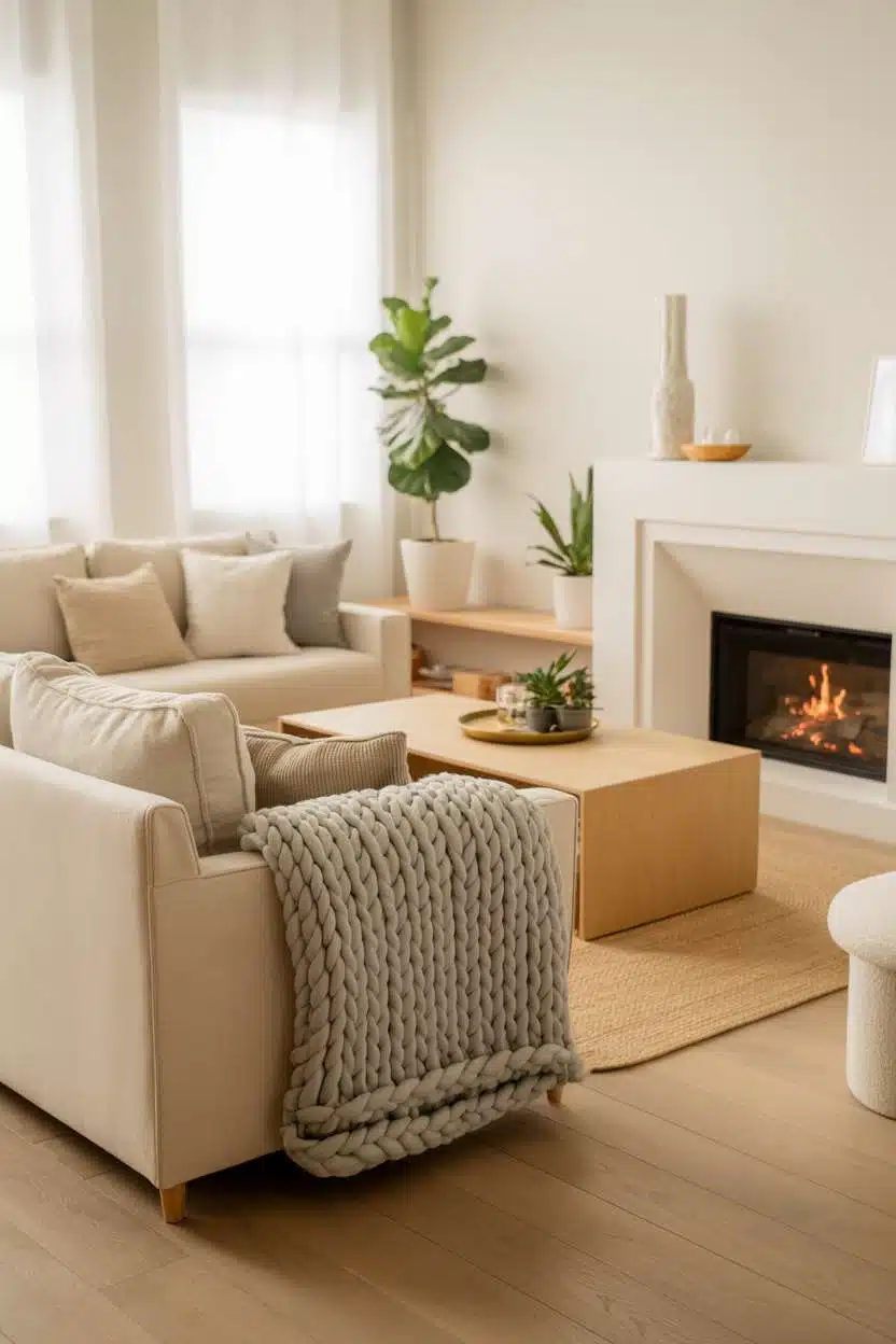 Cozy Nordic living room with white fireplace and fiddle leaf fig