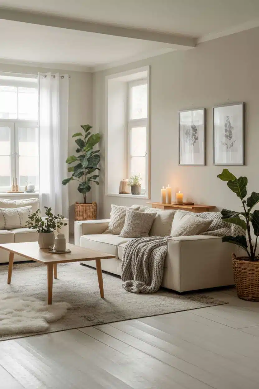 Nordic living room with black-and-white botanical prints and sectional sofa