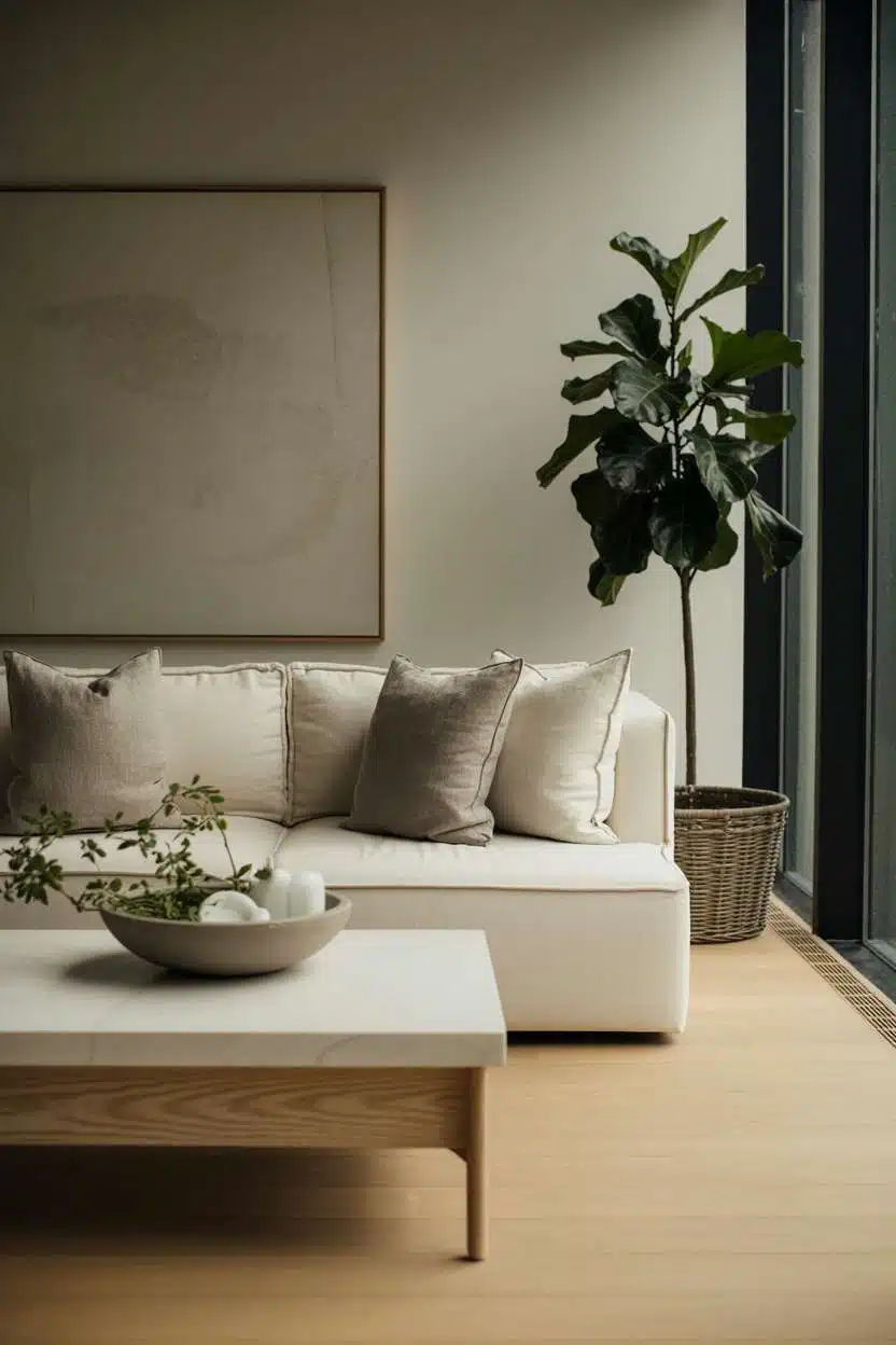 Stylish Nordic living room with large abstract artwork and fiddle leaf fig