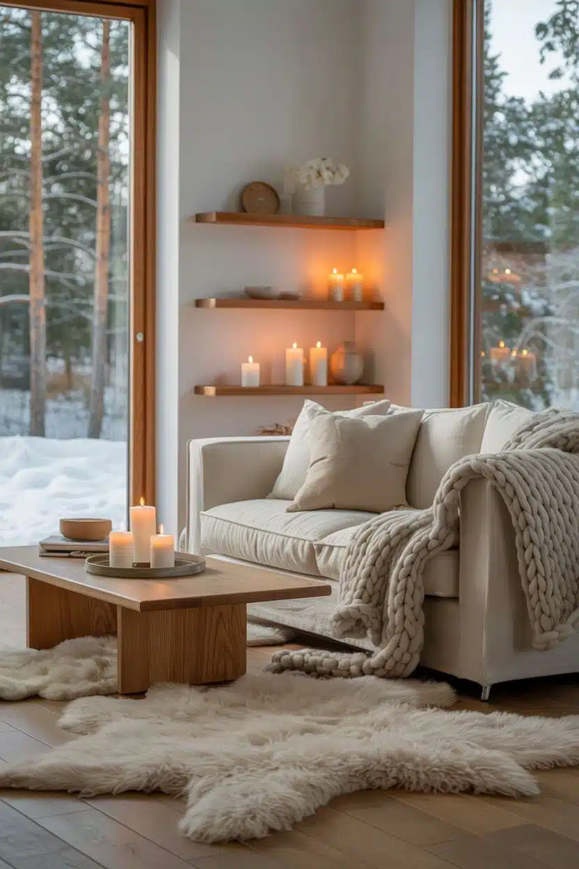 Scandinavian living room with winter views and candlelight