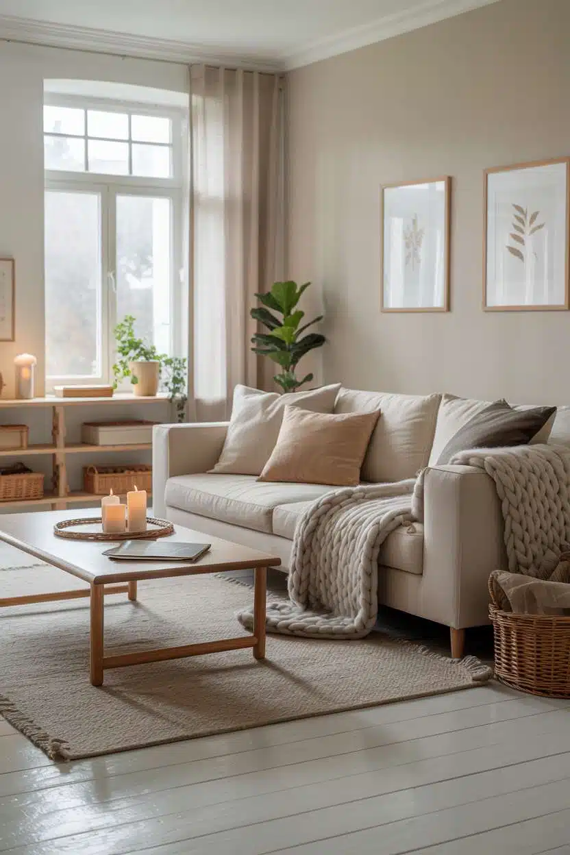 Cozy Scandinavian living room with woven storage baskets and botanical prints