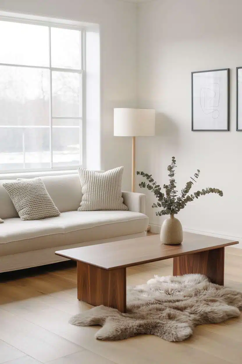 Nordic interior design with reading nook and dusty rose accent chair