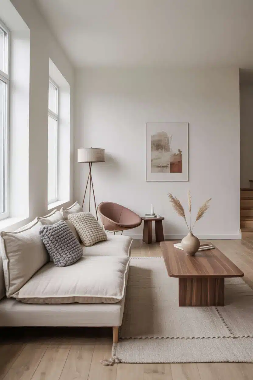Bright Scandinavian living room with eucalyptus branches and walnut coffee table