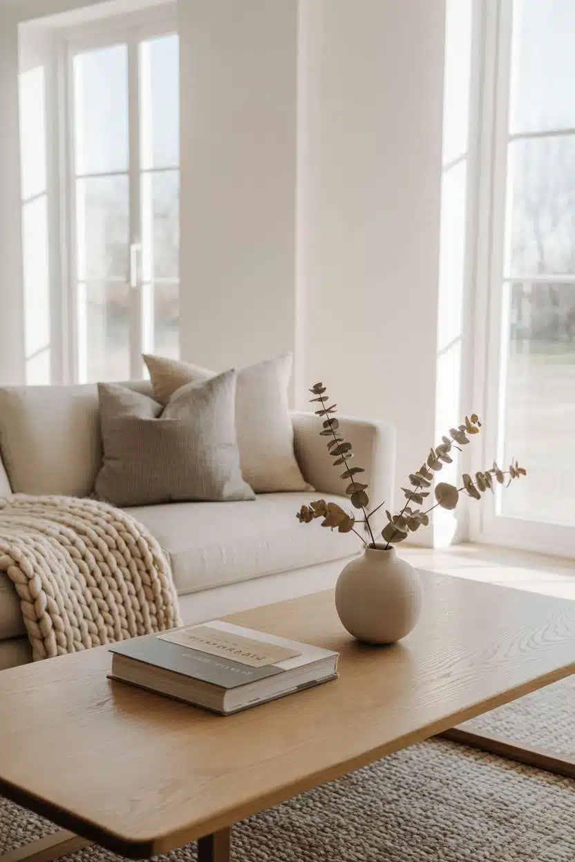 Minimalist Nordic living room with dried eucalyptus and chunky knit blanket