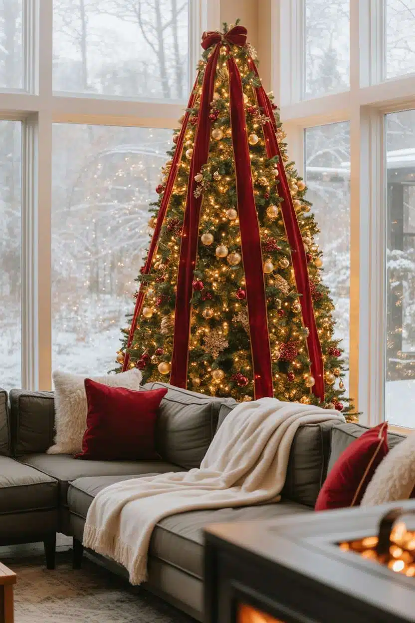 Cozy Christmas Decor Ideas for Living Room Modern living room with tall Christmas tree, gray sectional sofa, and snowy window view