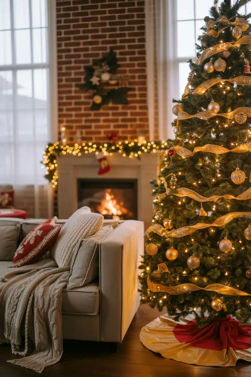 Cozy Christmas Decor Ideas for Living Room Wide shot of living room with brick fireplace, gray sofa, and warm holiday lighting