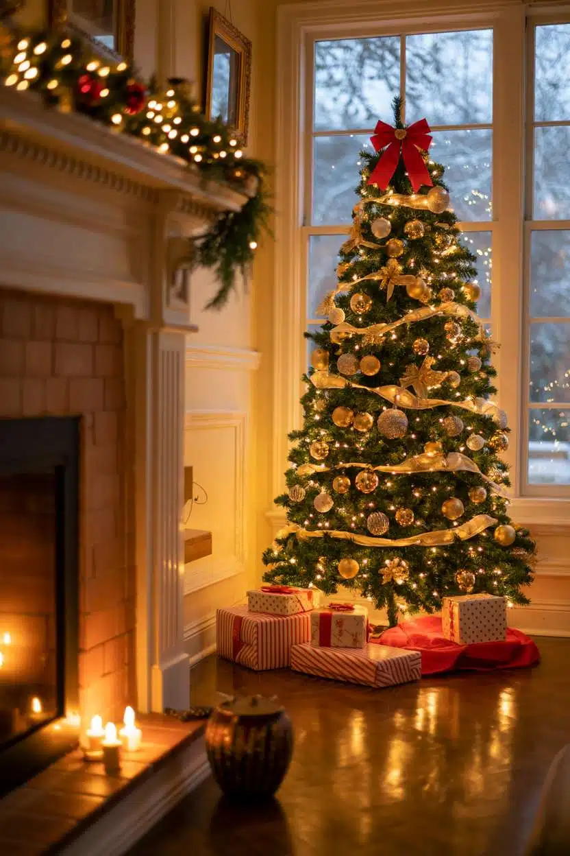 Cozy Christmas Decor Ideas for Living Room Living room with centrally placed Christmas tree, wrapped presents, and snowy window view