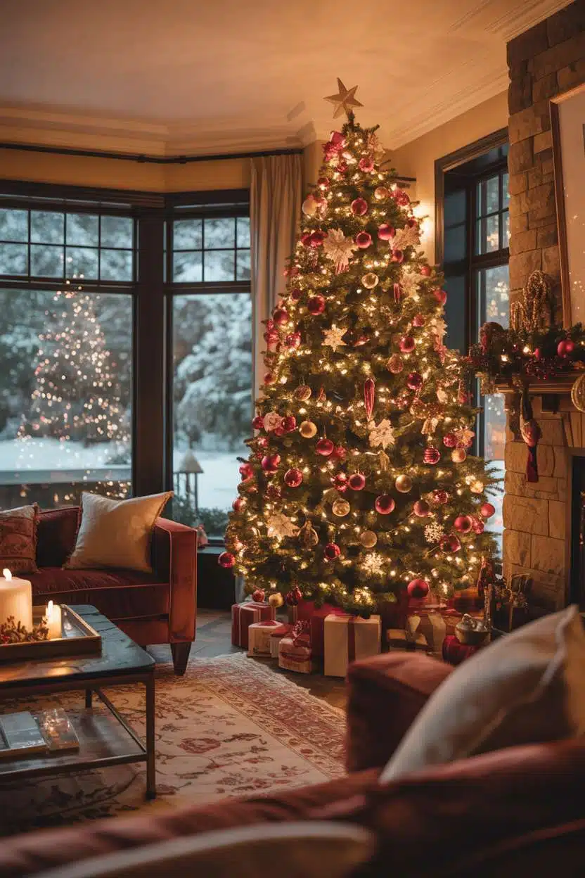 Cozy Christmas Decor Ideas for Living Room Living room with bay window, snow view, velvet couches, and corner Christmas tree