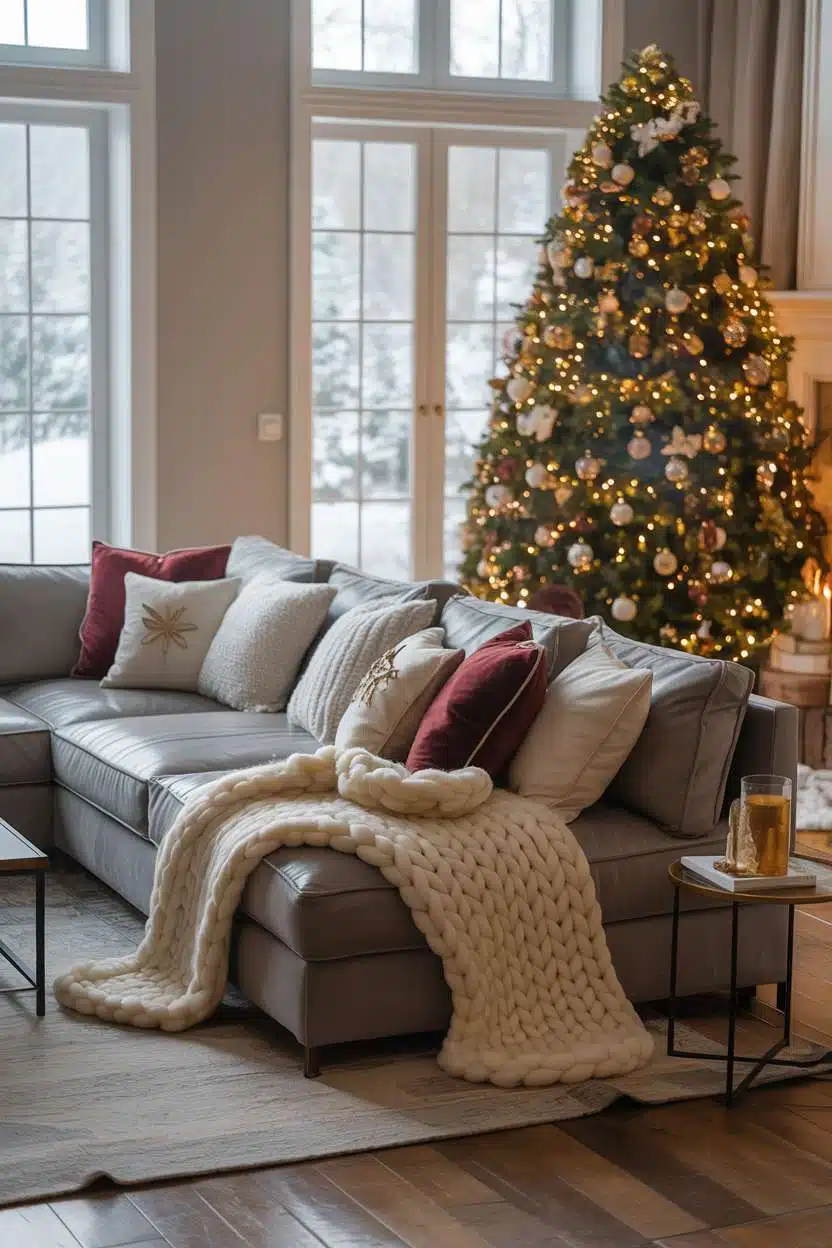 Cozy Christmas Decor Ideas for Living Room Stylish living room with gray sectional, burgundy accents, corner Christmas tree, and snowy landscape