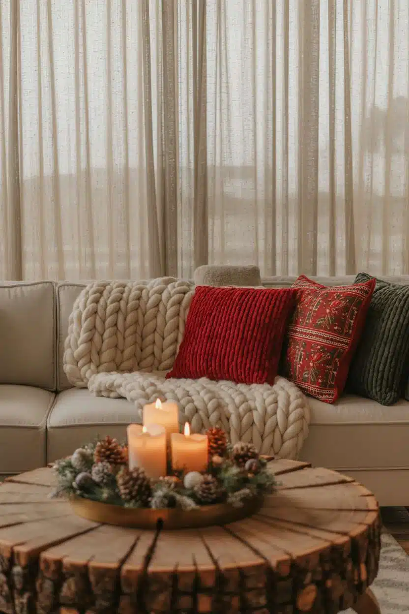 Cozy Christmas Decor Ideas for Living Room Living room with cream sofa, chunky knit blankets, rustic coffee table with candles and pinecones