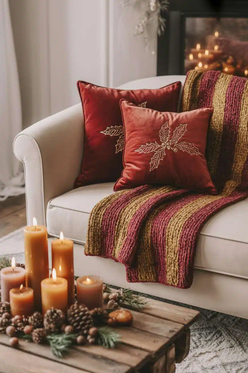 Cozy Christmas Decor Ideas for Living Room Living room corner with cream armchair, burgundy throw, and amber candles on wooden table