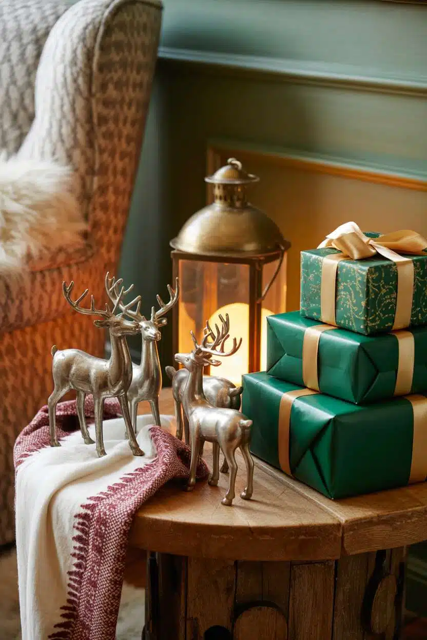 Cozy Christmas Decor Ideas for Living Room Living room corner with antique silver reindeer figurines, wrapped gifts, and vintage brass lantern