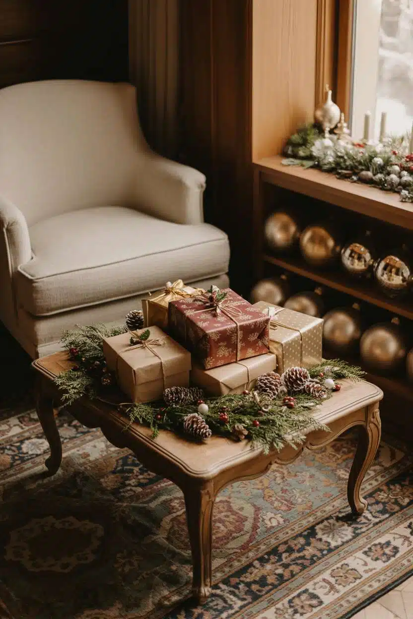 Cozy Christmas Decor Ideas for Living Room Living room corner with cream armchair, gold and burgundy wrapped gifts, and metallic ornaments