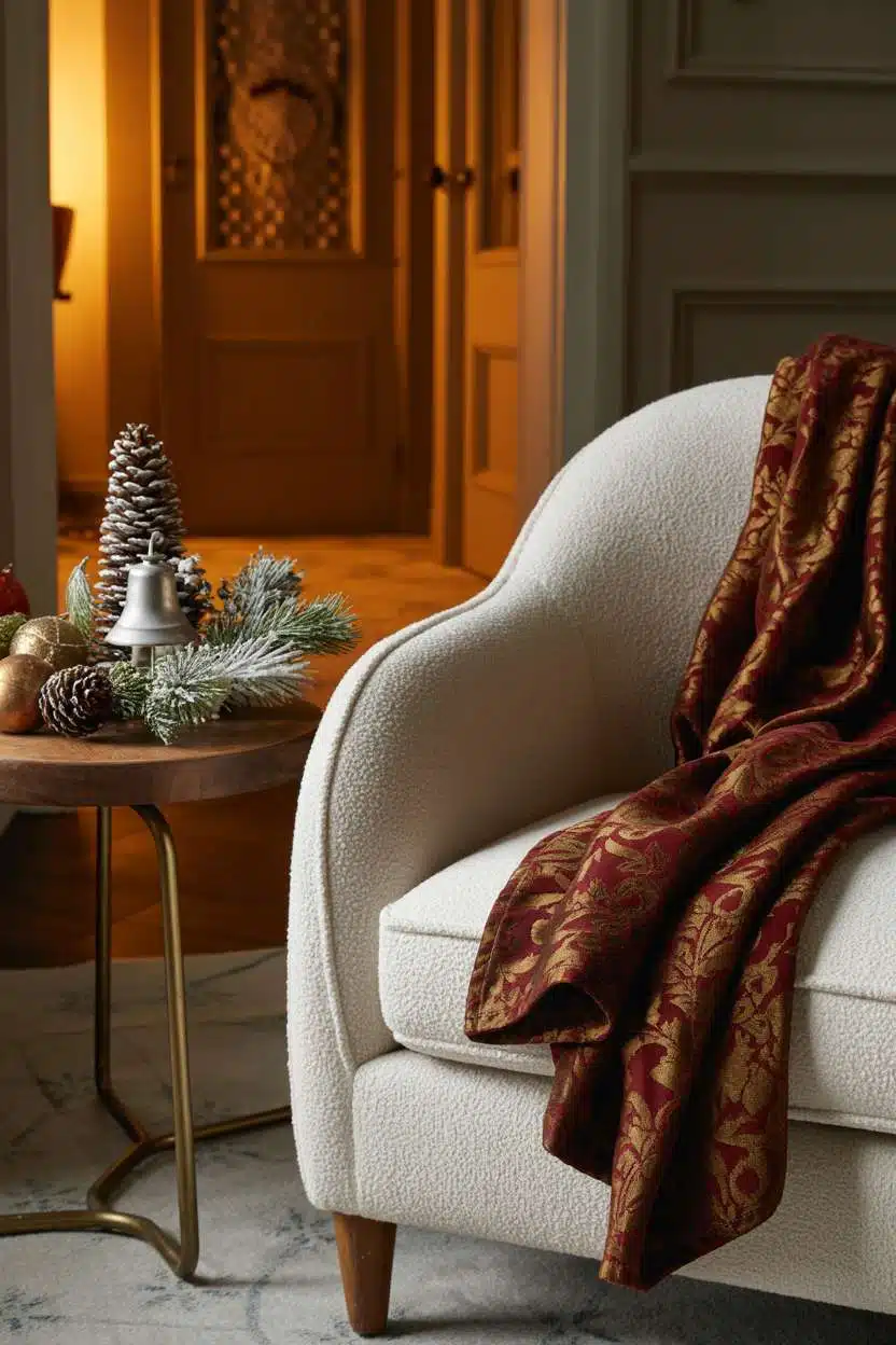 Cozy Christmas Decor Ideas for Living Room Living room corner with cream armchair, burgundy throw, and wooden table with pinecones and ornaments