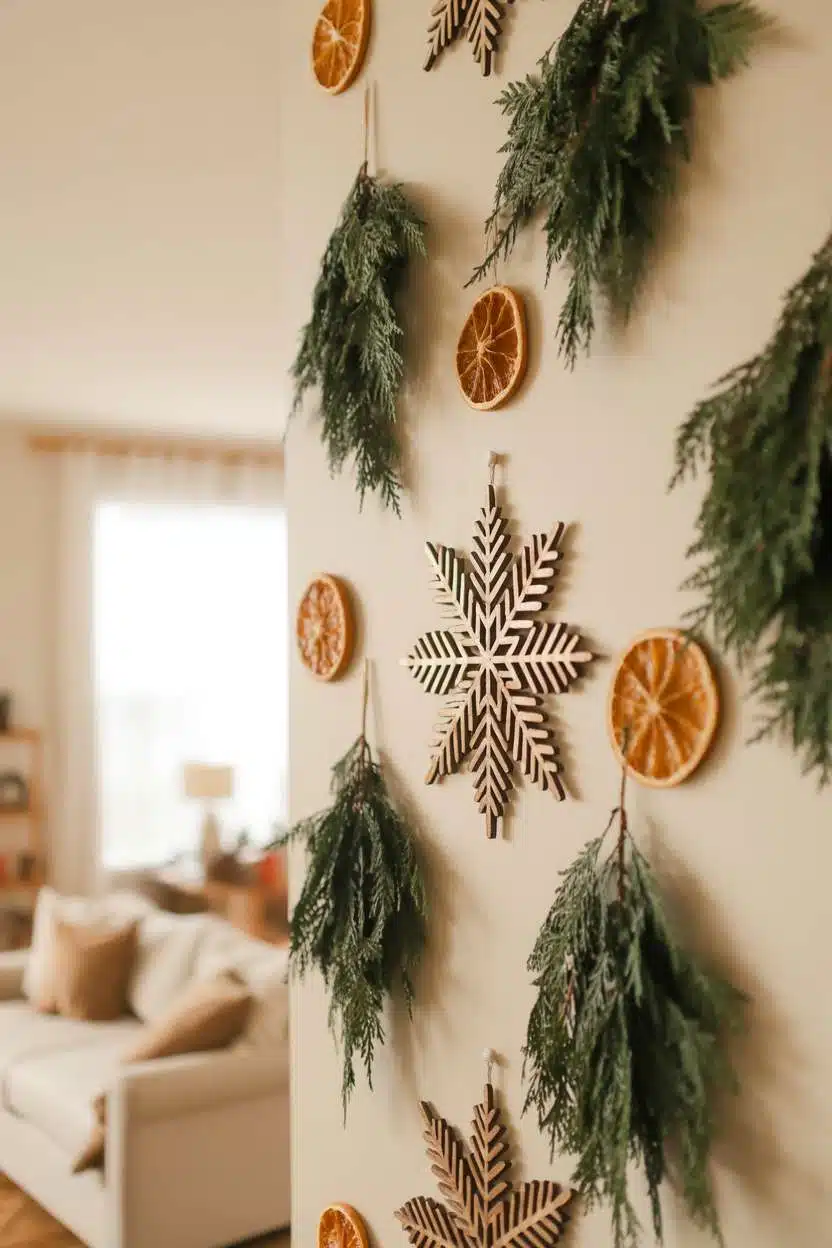 Cozy Christmas Decor Ideas for Living Room Living room wall decorated with wooden snowflakes, evergreen branches, and dried orange slices