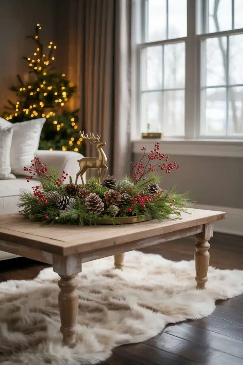 Cozy Christmas Decor Ideas for Living Room Living room with rustic wooden coffee table displaying Christmas greenery, pinecones, and brass reindeer figurine