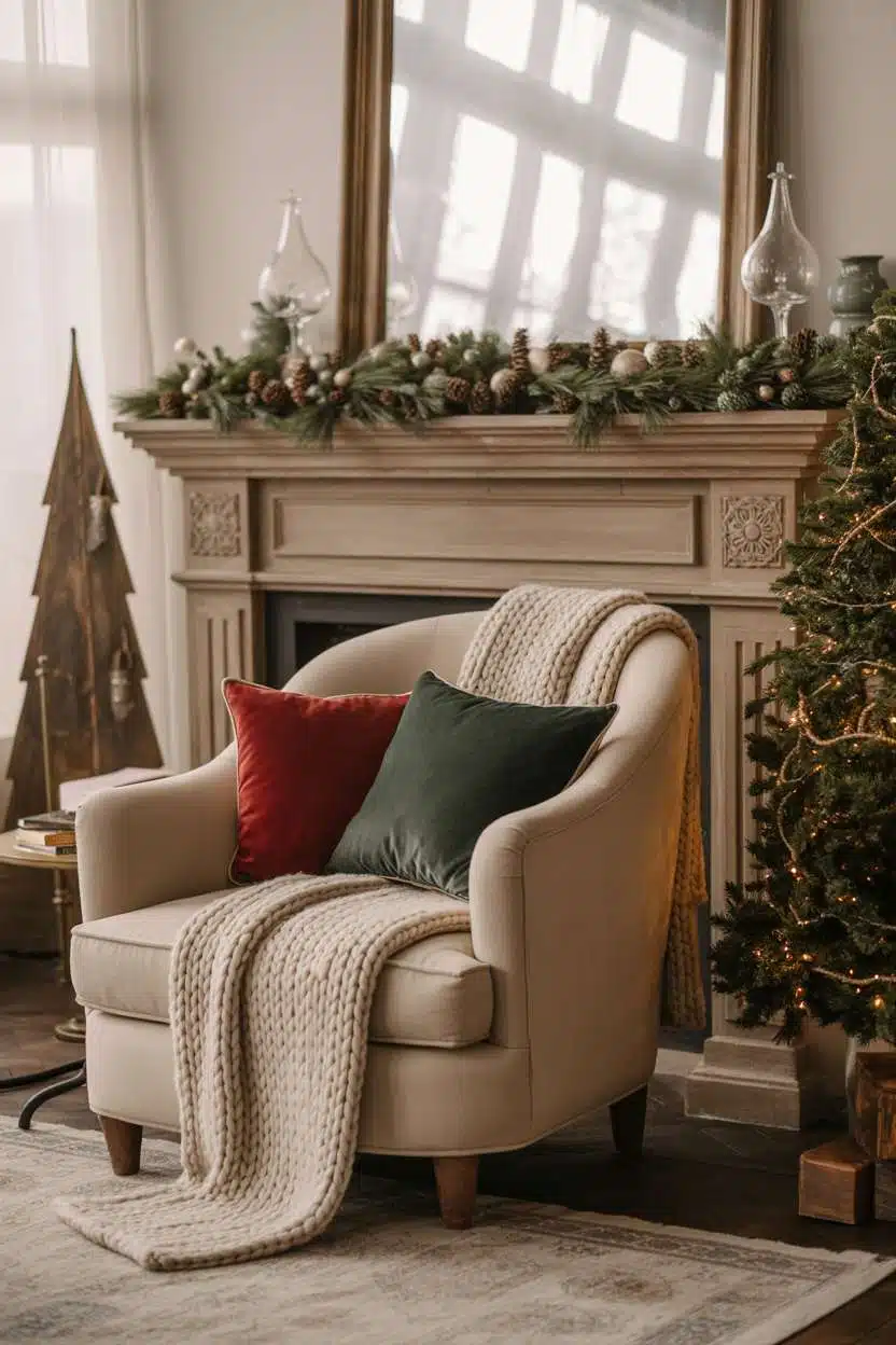 Cozy Christmas Decor Ideas for Living Room Living room with stone fireplace, cream armchair with velvet pillows, pine garland mantelpiece, and corner wooden Christmas tree