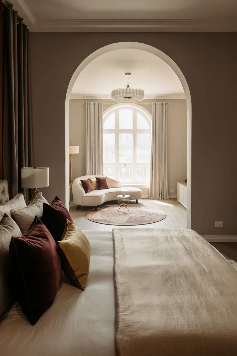 Large master bedroom featuring ivory bedding, burgundy velvet cushions, curved seating, and a modern chandelier