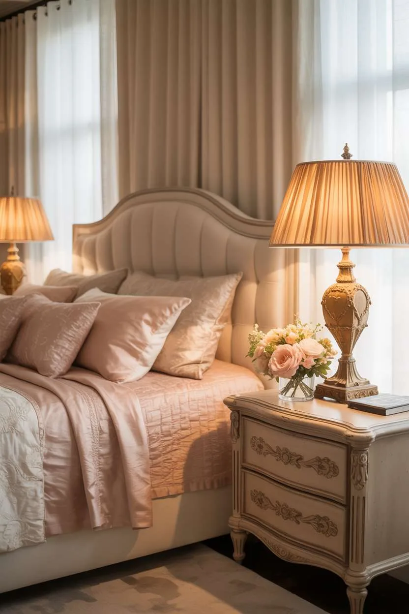 Sophisticated bedroom with ivory headboard, blush and cream bedding, and ornate brass lamps