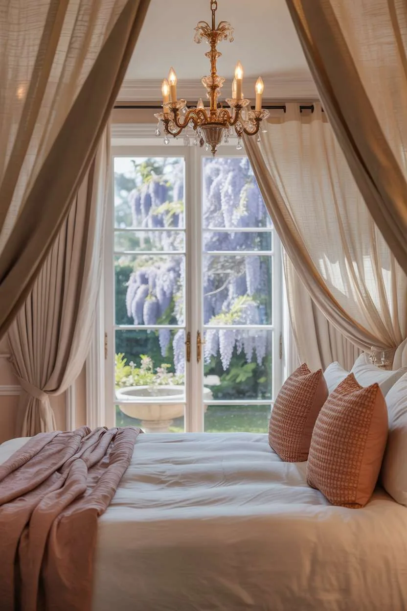 Elegant bedroom with white linen bedding, antique chandelier, and large window overlooking blooming wisteria