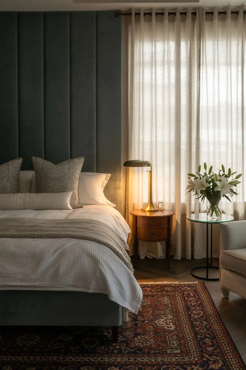 Romantic bedroom featuring a dark teal velvet headboard, crisp white bedding, Persian rug, and brass lighting fixtures