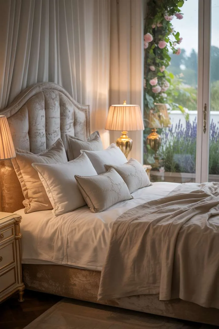 Luxurious bedroom with champagne velvet headboard, layered cream bedding, and garden view with lavender and roses