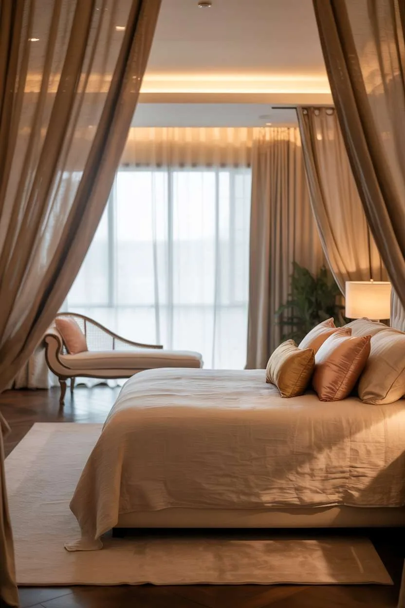 Spacious bedroom with creamy linen bedding, rose and gold silk pillows, decorative chaise lounge, and warm recessed lighting