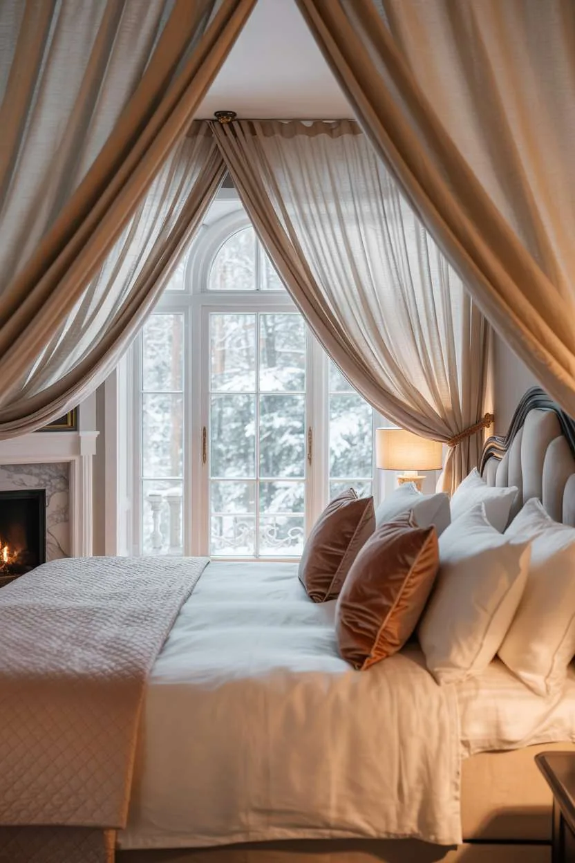 Grand bedroom with ivory linens, mahogany headboard, marble fireplace, and snow-covered forest view