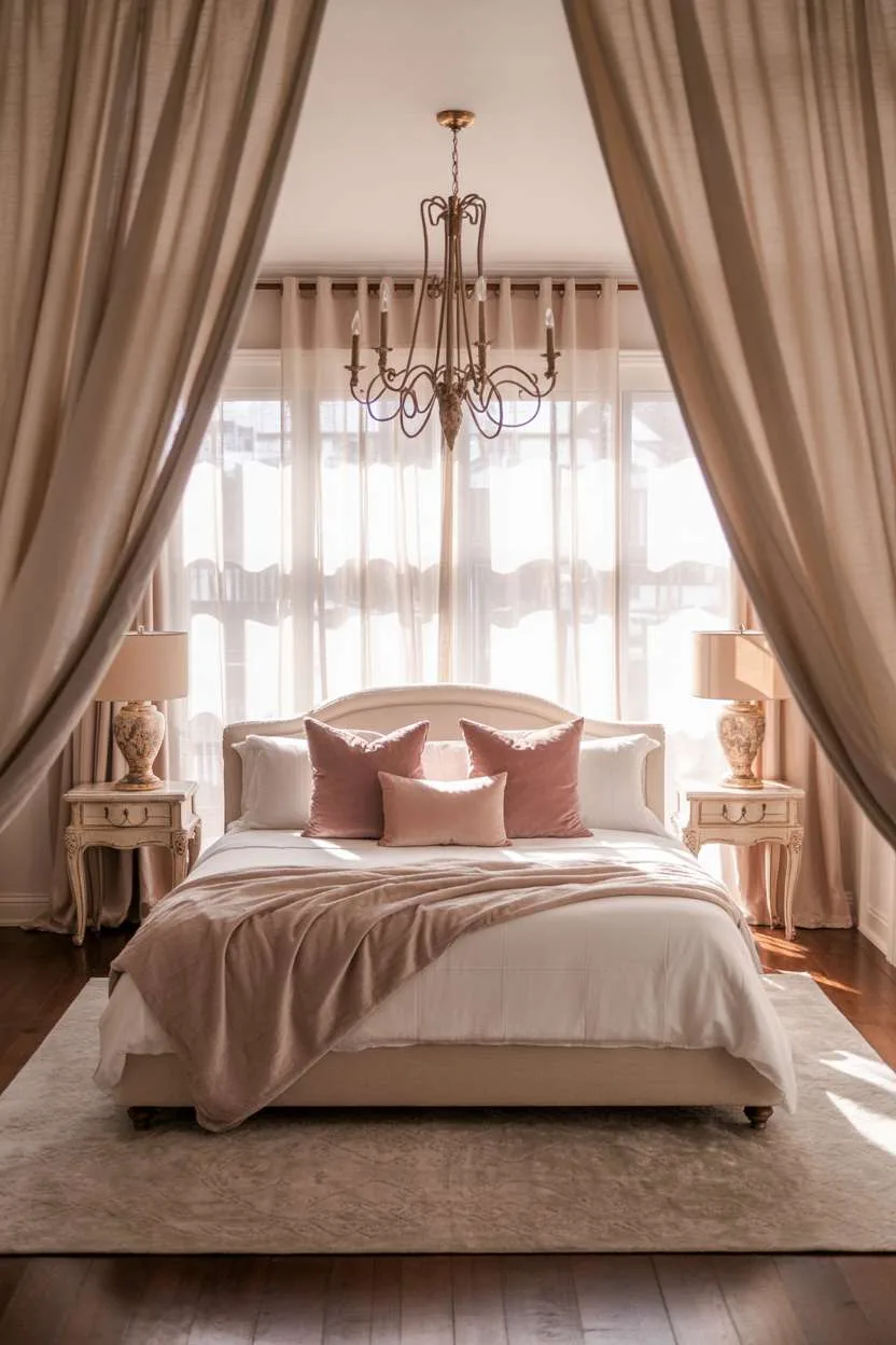 Romantic bedroom with wrought iron chandelier, ivory and blush bedding, dark hardwood floors, and cream rug