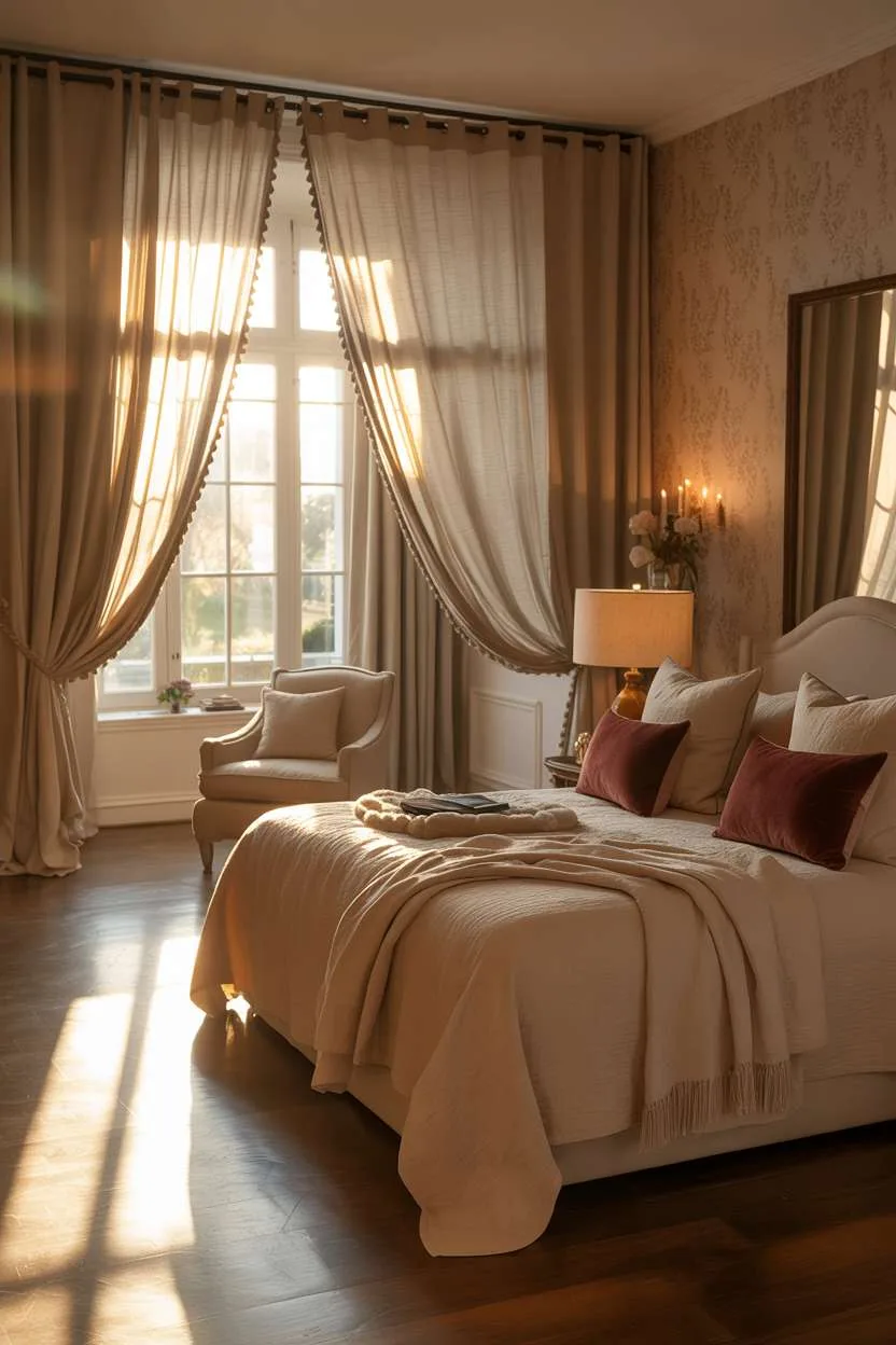 Elegant bedroom with cream linens, burgundy velvet pillows, floral wallpaper, antique mirror, and cozy reading nook