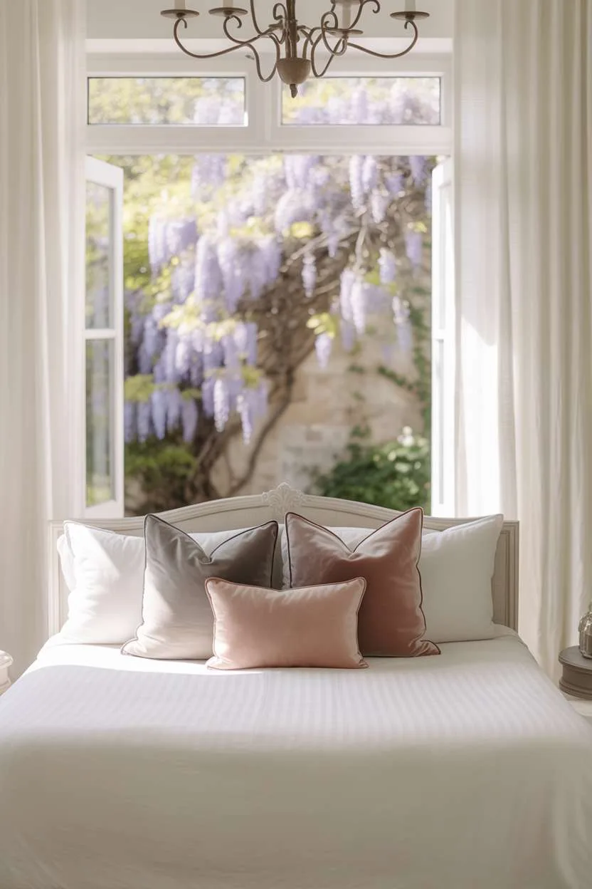 Serene bedroom with white linen bedding, blush and gray pillows, wrought iron chandelier, and wisteria garden view