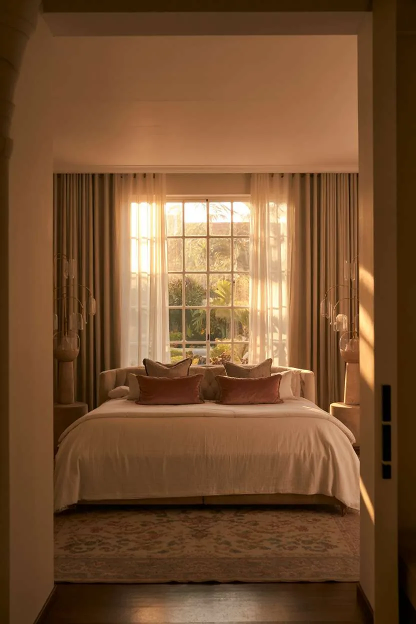Spacious bedroom with ivory linens, rose-toned velvet pillows, garden view, and ambient wall sconces