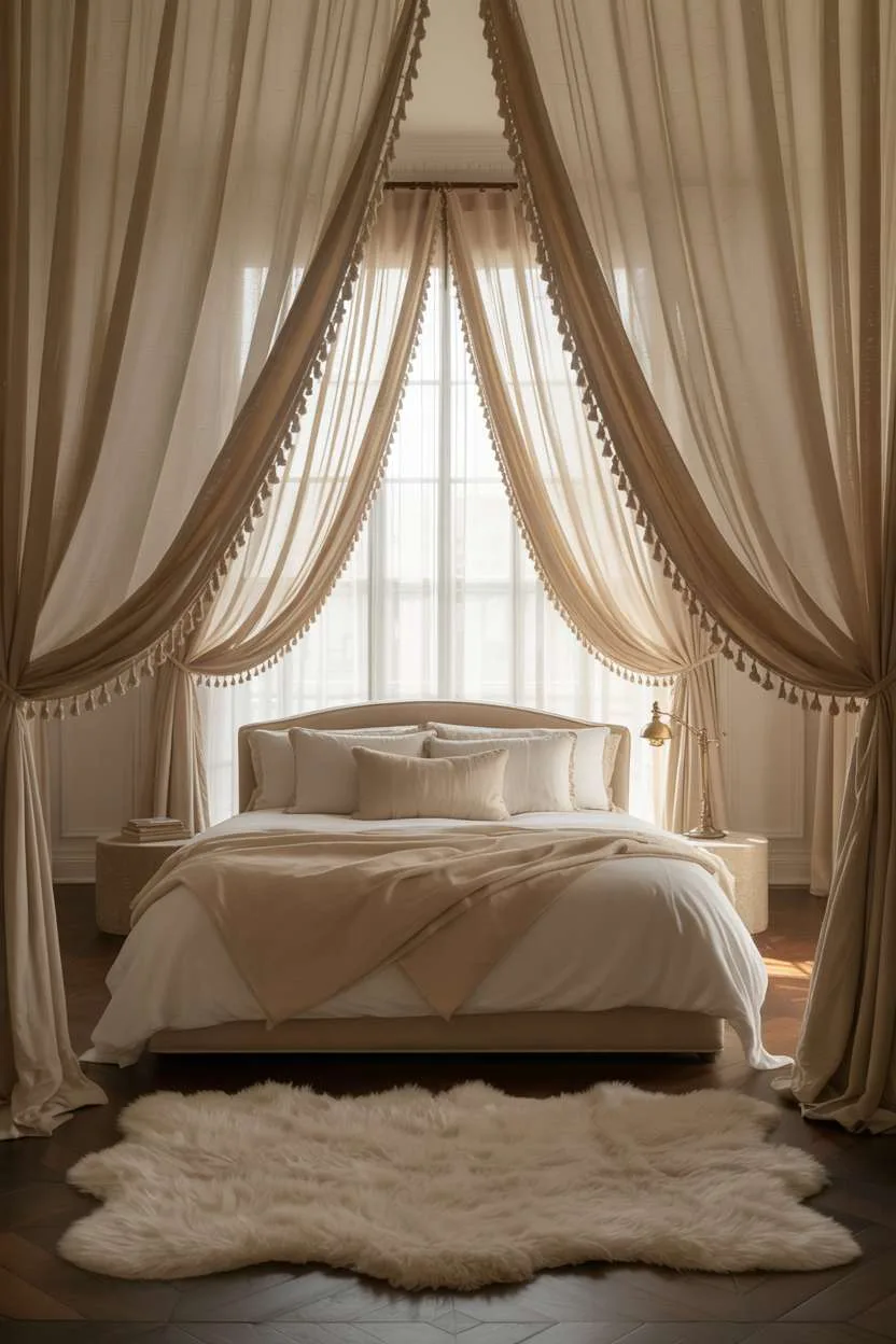 Simple elegant bedroom with ivory bedding, oversized pillows, brass lamp, and flowing sheer curtains