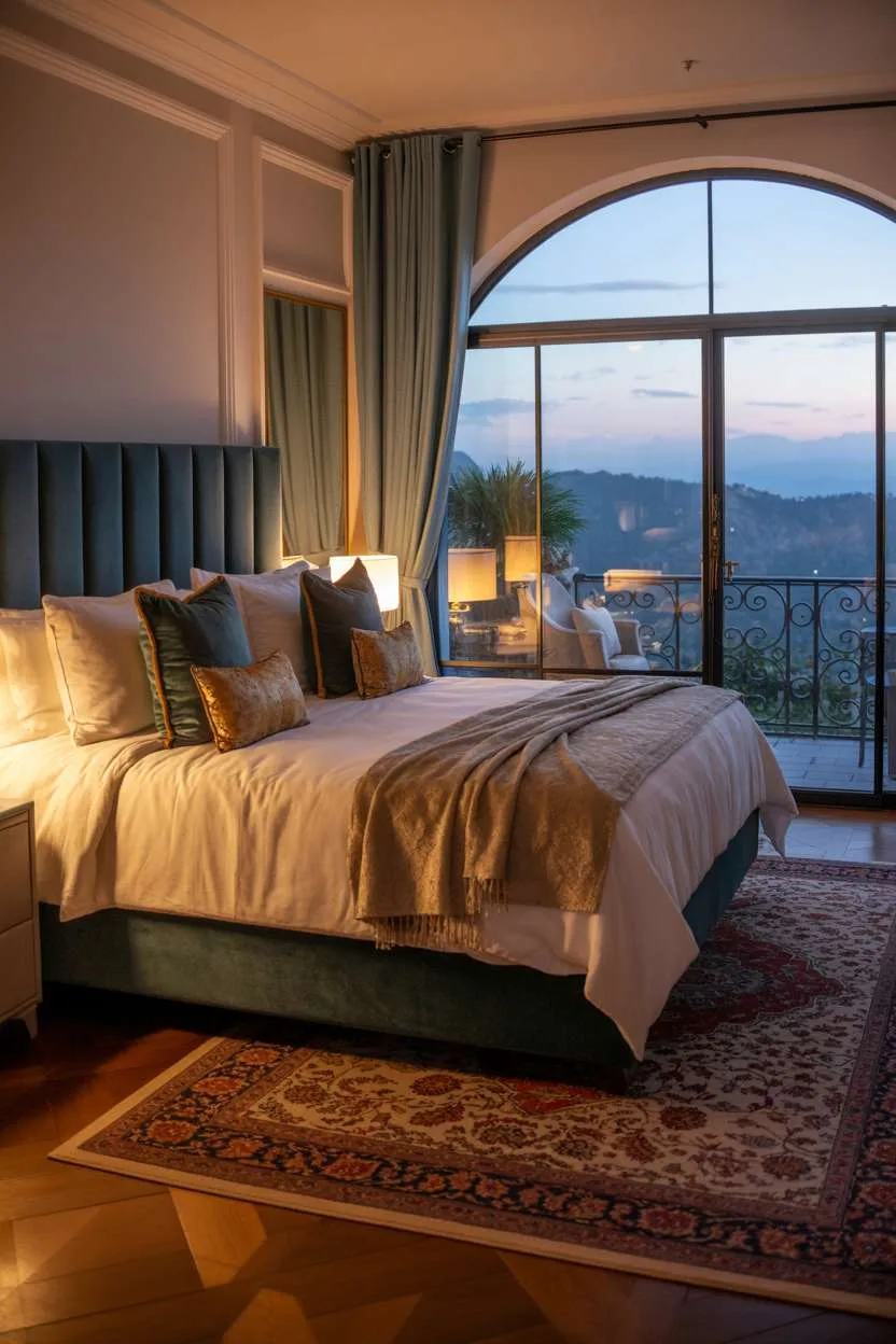 Dramatic bedroom with deep teal headboard, white linens, mountain view, and Persian rug accents