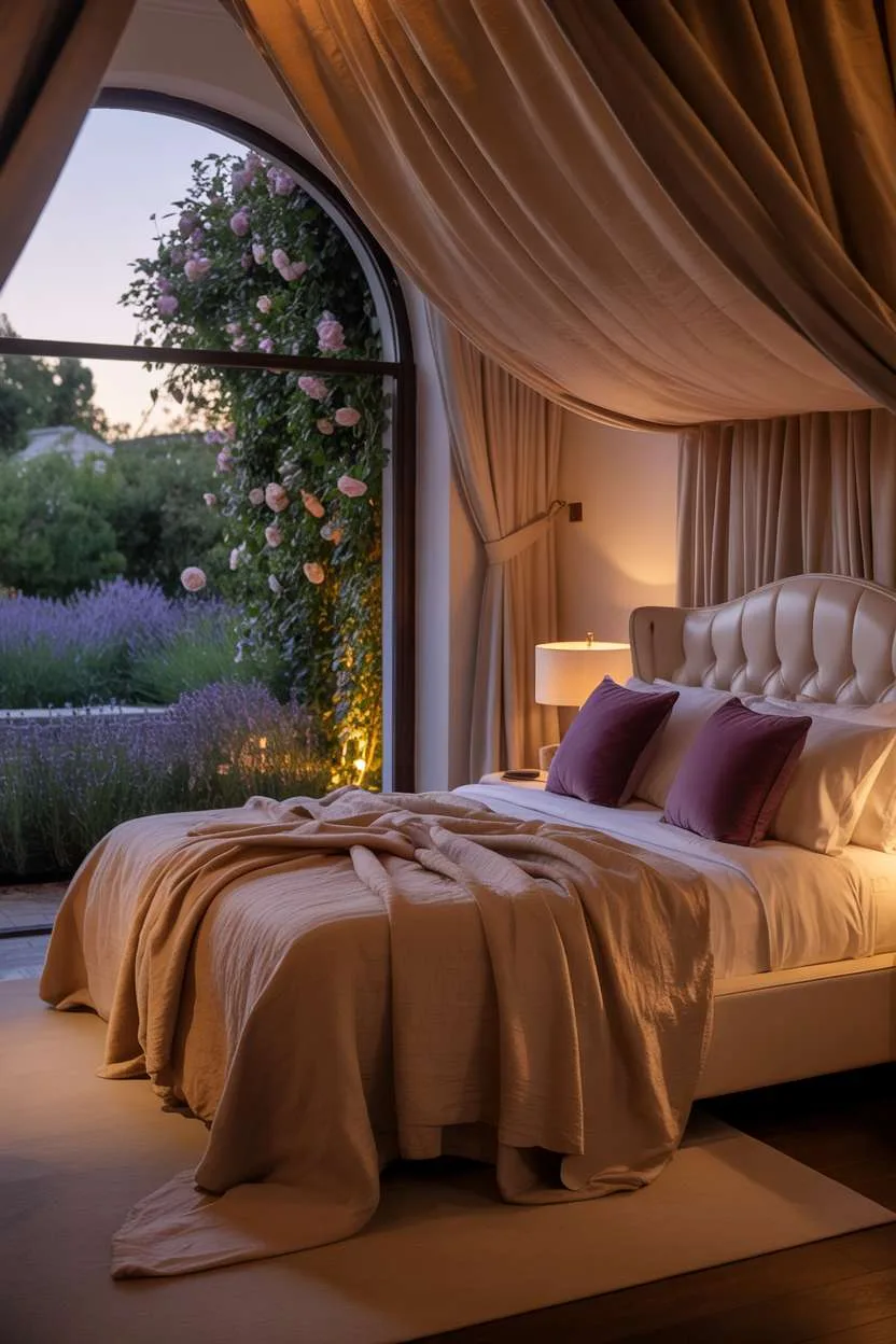 Romantic bedroom with cream headboard, plum accent pillows, arched window, and lavender garden at dusk