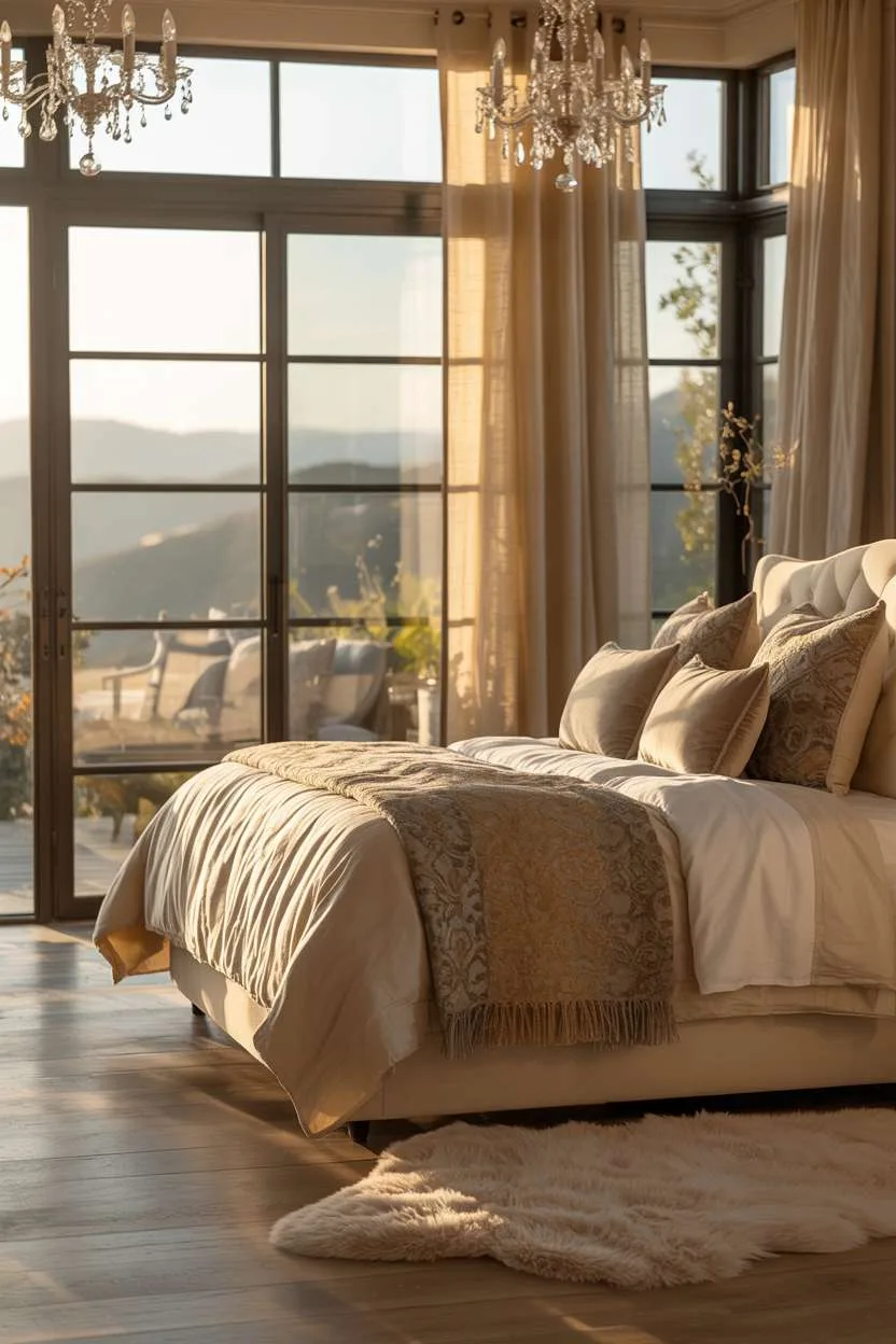 Glamorous bedroom with ivory duvet, grey and gold pillows, crystal chandeliers, and rolling hills view
