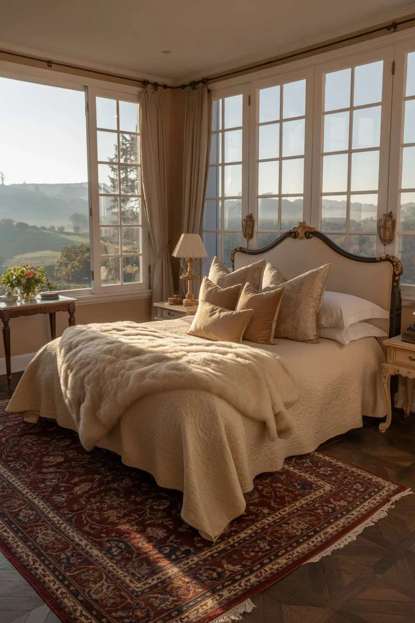 Elegant bedroom with cream duvet, ornate headboard, antique nightstands, and misty hills panorama