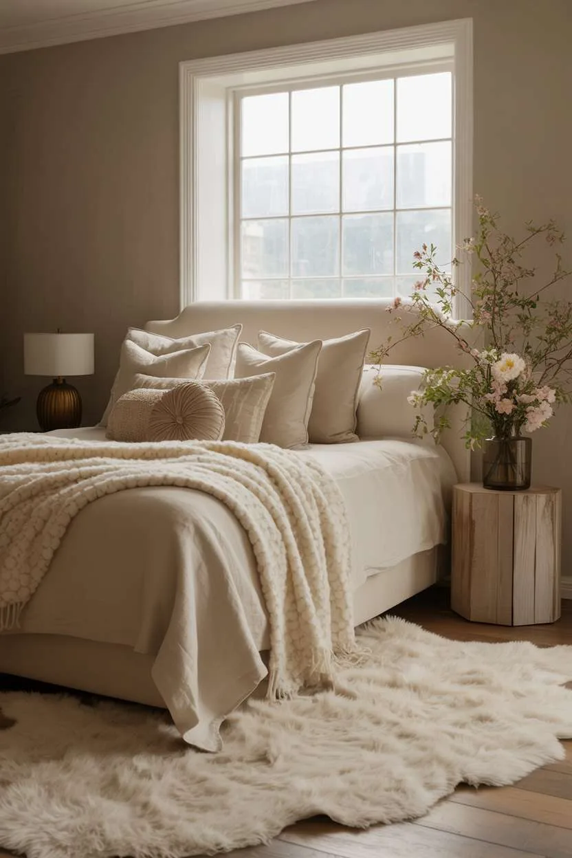 Cozy bedroom with ivory linen bedding, textured throw, rustic nightstand, and warm grey walls