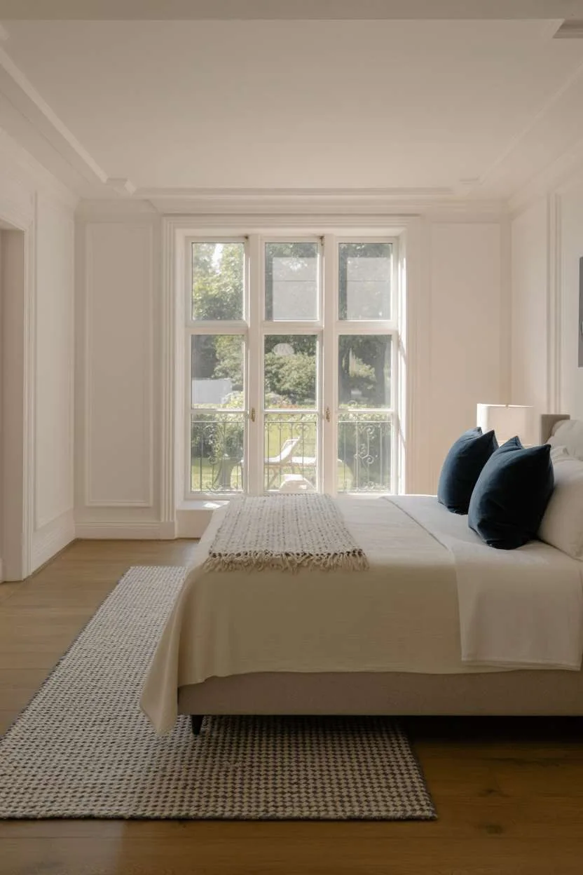 Navy Blue Bedroom with Crown Molding Spacious bedroom with navy accent pillows, crown molding, and garden views